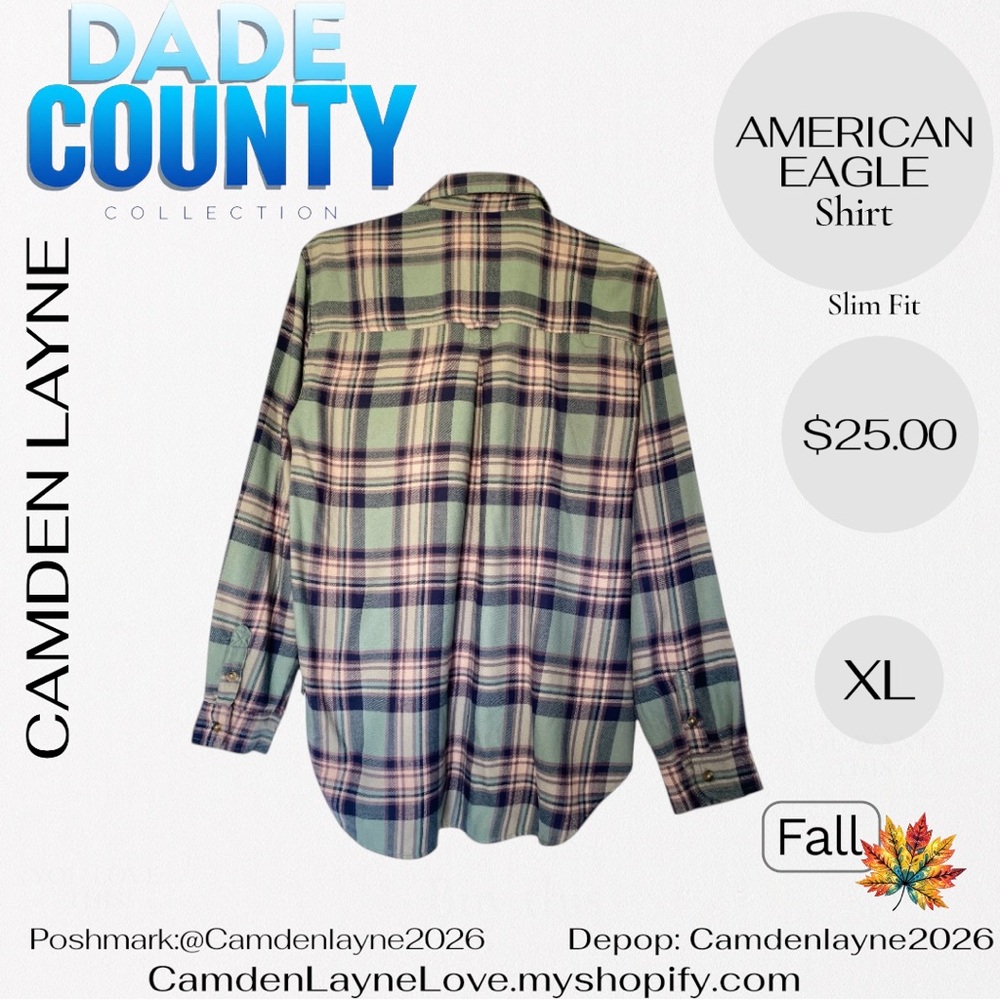American Eagle Green, Purple and Pink Plaid Shirt - Picture 5 of 6